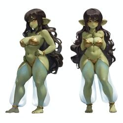 1girls 2023 barefoot belly_dancer_outfit black_hair blush cinderone female female_only goblin goblin_female golden_eyes green_skin hi_res humanoid_pointy_ears long_hair looking_at_viewer mitzy_(cinderone) pointy_ears smiling smiling_at_viewer solo thick_thighs veil white_background