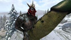 abs argonian black_scales blue_eyes green_penis highres horned horns hyper_balls hyper_penis lizard looking_down_at_penis mountain muscular_male oc outside penis_bigger_than_body red_horns red_scales reptile scaled_penis scales skyrim snowy solo_male tall_male