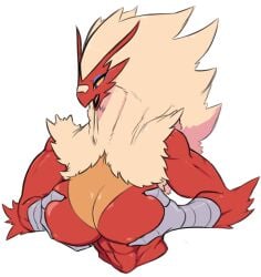 abs biceps blaziken blue_eyes breasts cleavage female hair huge_breasts large_breasts long_hair mouth_open pokemon pokemon_(species) self_grab the_negsus