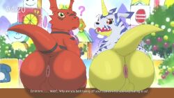 16:9 anthro ass bandai_namco big_butt digimon digimon_(species) duo english_text gabumon gay guilmon hi_res horn human interspecies looking_back looking_confused male male/male male_only mammal multiple_boys nekoni tail text widescreen yaoi