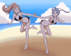 2girls aqua_eyes ass bangs bare_legs barefoot beach big_ass bikini black_bikini black_swimsuit blue_hair breasts brown_hair cleavage felicia_(fire_emblem) female female_only fire_emblem fire_emblem_fates flora_(fire_emblem) green_eyes grey_eyes holding_hands legs light_blue_hair long_hair looking_at_another medium_breasts multiple_girls nintendo outdoors ponytail running short_hair siblings sisters skikuro small_breasts smile swimsuit twins twintails underboob