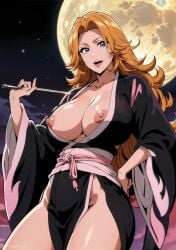 ai_generated big_breasts bleach blue_eyes breasts breasts_out cowboy_shot female female_only holding_object hourglass_figure huge_breasts large_breasts long_hair matsumoto_rangiku nai_diffusion nipples no_bra no_panties oppai orange_hair partially_clothed plump sagging_breasts solo stable_diffusion steak_ai very_long_hair voluptuous voluptuous_female wavy_hair