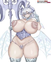 1girls breasts curvy duel_monster female girlsay gloves huge_breasts huge_nipples labrynth_of_the_silver_castle large_breasts looking_at_viewer lovely_labrynth_of_the_silver_castle revealing_clothes smile solo standing thick_thighs topless white_hair yu-gi-oh!