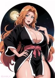 ai_generated big_breasts bleach blue_eyes breasts cowboy_shot female female_only hourglass_figure huge_breasts kimono large_breasts long_hair matsumoto_rangiku nai_diffusion no_bra no_panties oppai orange_hair partially_clothed plump robe sagging_breasts solo stable_diffusion steak_ai very_long_hair voluptuous voluptuous_female wavy_hair