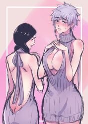 2girls anno_im ass backless_outfit bare_ass bare_back bare_breasts bare_shoulders barely_clothed big_breasts black_hair bleach center_opening cleavage curvaceous female female_only height_difference huge_breasts impossible_clothes interlocked_fingers kotetsu_isane looking_at_viewer meme_attire milf mostly_nude multiple_girls no_bra no_panties no_underwear pinup revealing_clothes shy silver_hair sweater tall_female taller_girl teacher_and_student unohana_retsu virgin_killer_sweater voluptuous