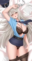 1girls 2d alternate_version_available arm_up belt black_belt black_bra black_panties blue_shirt blue_skirt bra breasts clothes_lift clothes_pull collared_shirt cuffs dakimakura dakimakura_design female female_only grey_eyes grey_hair handcuffs hat hat_removed headwear_removed highres holding holding_handcuffs hololive hololive_gen_5 hololive_japan large_breasts light-skinned_female light_skin long_hair loose_necktie lying miniskirt necktie on_back open_mouth paid_reward_available pale-skinned_female pale_skin panties pantyhose pantyhose_pull pantyshot paper peaked_cap police_hat pulled_by_self raised_eyebrows shirt shishiro_botan skirt skirt_lift solo thighs underwear very_long_hair virtual_youtuber watermark wei_xiao