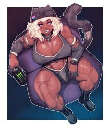1futa animal_ears artist_request balls beanie big_breasts boots bra breasts bulge bulge_through_clothing cat_girl catgirl clothed clothing collar dark-skinned_futa dark_skin female flaccid futa_only futanari high-angle_view humanoid intersex kemonomimi looking_at_viewer monster_energy muscular panties partially_clothed penis scar scars scars_all_over sitting solo source_request spread_legs tail thick_thighs white_hair