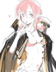 1girls bikini breasts byebyefrog coat ethlyn_(fire_emblem) female female_only finger_to_mouth fire_emblem fire_emblem:_genealogy_of_the_holy_war looking_at_viewer medium_hair naughty_face nintendo red_eyes red_hair small_breasts smile solo