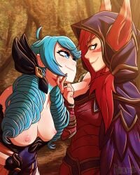 blue_eyes blue_hair breasts claws clothed gwen_(league_of_legends) khartemis league_of_legends long_hair medium_breasts nipples pink_nipples red_hair riot_games smile xayah yellow_eyes yuri