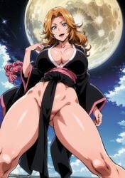 big_breasts bleach blue_eyes breasts cowboy_shot female female_only hourglass_figure huge_breasts kimono large_breasts long_hair matsumoto_rangiku oppai orange_hair partially_clothed plump robe sagging_breasts solo steak_ai very_long_hair voluptuous voluptuous_female wavy_hair