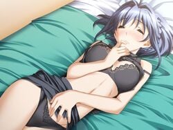 1girls ashita_no_kimi_to_au_tame_ni black_bra black_hair black_panties cg closed_eyes eroge female female_focus female_only game_cg lying_on_bed purple_software tagme