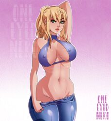 big_breasts blonde_hair breasts cleavage erect_nipples female female_only green_eyes large_breasts looking_at_viewer metroid nintendo nipples oneeyedneko samus_aran solo