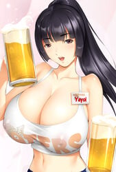 alcohol beer beer_mug black_hair breasts dragon@harry drink female hooters huge_breasts long_hair looking_at_viewer name_tag nipples original ponytail purple_eyes smile solo tank_top tied_hair waitress