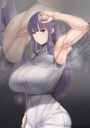 1girls 2023 armpits ass bangs belly_button big_ass big_breasts breasts clothed clothing fanart fern_(sousou_no_frieren) hips huge_breasts large_breasts light-skinned_female light_skin long_hair looking_at_viewer magical_girl massive_breasts muscular muscular_arms purple_eyes purple_hair sousou_no_frieren steam steaming_body sweat sweaty_body teaindian voluptuous voluptuous_female wet wet_body