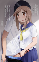 aikawa_chiho blush brown_eyes brown_hair censored clothing female handjob katatsuka_kouji long_hair open_mouth penis school_uniform serafuku short_hair skirt straight text translation_request yuyushiki