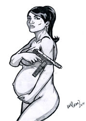 1girls 2014 archer_(series) earrings female female_only frodo152 gun hoop_earrings lana_kane long_hair monochrome naked nude pregnant solo tec-9 weapon