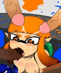 2015 anthro blue_ink breasts bukkake cephalopod cephalopod_humanoid clothed clothing cum cum_on_face disembodied_penis erection fellatio female female_focus half-dressed humanoid ink inkling inkling_girl looking_down male male/female mask_(marking) multiple_penises nintendo nipples niviox oral orange_eyes orange_hair orange_ink penis pointy_ears sex smooth_skin splatoon squid surrounded_by_penises tentacle tentacle_hair topless video_games