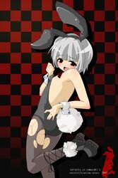 bare_shoulders blush bunny_ear bunny_girl bunny_tail bunnysuit cosplay kemonomimi original pantyhose short_hair silver_hair tail tights torn_clothes usamimi wrist_cuffs yamazaki_kazu