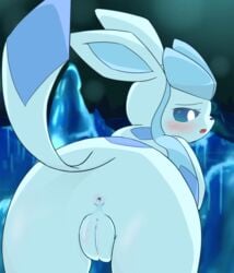 2014 3sthrees anus ass blue_body blue_eyes blush eeveelution female glaceon nintendo open_mouth pokemon presenting pussy raised_tail solo video_games