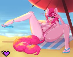 absurd_res anthro anthrofied areola beach breasts cloud english_text equine eyewear female friendship_is_magic fur glasses hair heart heart-shaped_pupils hi_res horse ladypixelheart looking_at_viewer mammal my_little_pony navel nipples one_eye_closed outside pink_fur pink_hair pinkie_pie_(mlp) pony pussy seaside skimpy smile solo spread_legs spreading straight_hair swimsuit symbol-shaped_pupils text tongue tongue_out wink