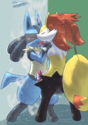 balls blush braixen canine female fingering fox handjob kissing kurou-karasu lucario male mammal masturbation nintendo penis pokemon pokemon_(species) pussy shower_sex tongue video_games