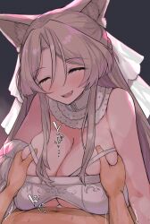 1boy 1girls animal_ears blush boob_window breast_grab breasts cleavage closed_eyes clothed_female_nude_male cum cum_between_breasts cum_on_breasts eyebrows_visible_through_hair fox_ears fox_girl grey_hair huge_breasts indie_virtual_youtuber kumiho kumiho_(vtuber) light-skinned_female light-skinned_male light_skin mikasayaki paizuri paizuri_under_clothes virtual_youtuber