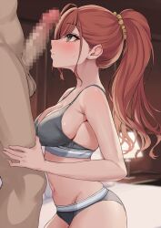 1boy 1girls arisugawa_natsuha blush bra breasts censored closed_mouth dark-skinned_male dark_skin erection female grey_bra grey_eyes grey_panties highres idolmaster idolmaster_shiny_colors kurokin light-skinned_female light_skin long_hair looking_at_another medium_breasts navel panties penis penis_awe ponytail profile red_hair straight testicles thighs underwear underwear_only