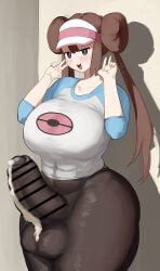 1futa balls bar_censor big_balls big_breasts big_hips big_penis breasts brown_hair censored chiyo_(pixiv39557017) clothed clothing cum cum_through_clothes dickgirl_only double_v erection erection_under_clothes futa_only futanari human impossible_clothes large_breasts light-skinned_futanari light_skin long_hair mostly_clothed penis penis_under_clothes pokemon rosa_(pokemon) solo standing takechiyo_re thick_thighs tights wide_hips