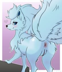 9_tails absurd_res alolan_form alolan_ninetales anus artist_name ass black_line_art black_nose black_outline blue_eyes blue_inner_ear blue_pupils blush blush_lines border brown_floor bruhsugga canid canine clitoris cool_colors crotch_tuft cute_fangs eye_glint eyelashes female feral flowing_hair fluffy fluffy_butt fluffy_ears fluffy_fur fluffy_hair fluffy_head fluffy_legs fluffy_tail fluffy_tails fur fur_tuft genitals glistening glistening_eyes gradient gradient_background hair head_tuft heart hi_res inner_ear_fluff long_fur long_hair looking_at_viewer looking_back mammal multi_tail neck_tuft ninetales nintendo one_leg_up outline pink_anus pink_background pink_blush pink_pussy pokemon pokemon_(species) presenting presenting_anus presenting_hindquarters presenting_pussy presenting_to_viewer prick_ears pupils pussy raised_leg regional_form_(pokemon) shaded signature simple_background smile smiling_at_viewer snaggle_tooth soft_shading solo tail teeth torso tuft white_body white_border white_butt white_fur white_hair white_head white_head_tuft white_inner_ear_fluff white_legs white_neck white_neck_tuft white_outline white_tail white_tails