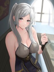 1girls absurdres bare_shoulders belt belt_buckle blush braid breasts brown_belt brown_eyes buckle cleavage commentary_request female female_only fire_emblem fire_emblem_awakening grey_hair grey_shirt highres indoors large_breasts long_hair looking_at_viewer medium_hair nintendo parted_lips peli_cantaro robin_(fire_emblem) robin_(fire_emblem)_(female) shirt sleeveless sleeveless_shirt solo sunlight swept_bangs table tank_top twintails white_hair window