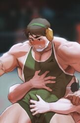 armpit_hair beefy blush bulge_grab daddy dark_hair fraternity grabbing_bulge grabbing_from_behind headgear hoonzino lad male male_only manly muscular_male oc singlet wrestling wrestling_outfit wrestling_singlet