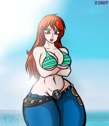 1girls big_ass big_butt bikini bikini_top bottom_heavy cleavage curvaceous curvy female female_focus female_only huge_ass huge_breasts huge_butt huge_hips huge_thighs human jeans kimono legs long_hair looking_at_viewer looking_back nami nami_(one_piece) naughty_face navel one_piece orange_eyes orange_hair pants pirate post-timeskip solo standing striped_bikini sunlight teenager thick_thighs thighs underboob zirot