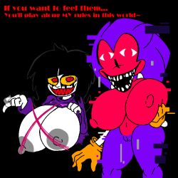 1:1 anthro areola big_breasts black_background black_hair breasts clothed clothing creativehands75 creepypasta crtvhands dialogue duo eulipotyphlan fan_character female flashing flashing_breasts fur genitals gloves grey_areola grey_nipples hair handwear hedgehog huge_breasts human looking_at_viewer mammal navel needlemouse_(character) needlemouse_(series) nightmare_fuel nipple_outline nipples orange_clothing orange_gloves orange_handwear pink_body pink_fur presenting presenting_breasts purple_body purple_clothing purple_fur purple_sweater purple_topwear pussy raised_clothing raised_topwear red_eyes sarah_henderson_(needlemouse) sega sharp_teeth simple_background smile sonic.exe_(creepypasta) sonic_(series) sonic_the_hedgehog sonic_the_hedgehog_(series) sweater talking_to_viewer teeth text thick_thighs topwear white_body white_skin wide_hips yellow_sclera