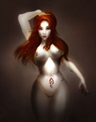 1girls blizzard_entertainment horde_symbol horde_tattoo human human_(world_of_warcraft) light-skinned_female light_skin nipple_piercing nipple_piercings nipple_ring nipple_rings original_character piercing piercings priest_(warcraft) pubic_tattoo purple_eyes red_hair shalill solo tattoo warcraft world_of_warcraft