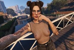 breasts brown_hair double_bun finger_to_mouth freckles glasses grand_theft_auto grand_theft_auto_online grand_theft_auto_v green_eyes lilith_fulker mesh_shirt nail_polish nipples nopixel selfie shorts solo_female tattoo tattoos wink yulenp