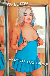 2d aged_up ai_generated blue_eyes celebrity cute dress dyed_hair emma_myers enid_sinclair flashing flashing_breasts mirror petite real_person realistic sayani34 slim small_breasts text the_addams_family wednesday_(netflix) white_hair