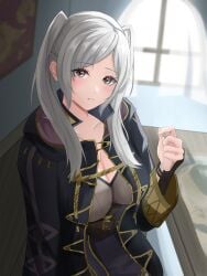 1girls absurdres belt belt_buckle black_robe blush braid breasts brown_belt brown_eyes buckle cleavage commentary_request female female_only fire_emblem fire_emblem_awakening grey_hair grey_shirt highres hood hood_down hooded_robe indoors large_breasts long_hair long_sleeves looking_at_viewer medium_hair nintendo open_clothes open_robe parted_lips peli_cantaro robe robin_(fire_emblem) robin_(fire_emblem)_(female) shirt solo sunlight swept_bangs table tank_top twintails white_hair window