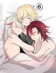 1girls 2boys annoyed bed blonde_hair blush embrace female genshin_impact hugging kaedehara_kazuha lumine_(genshin_impact) male male/female morning morning_after red_hair sandwiched shikanoin_heizou shirtless short_hair sleeping tofubuns under_covers under_sheets white_hair