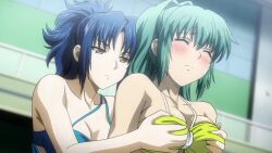 2girls animated anime bare_shoulders bikini bikini_top breast_grab breast_squeeze breasts cassie_lockheart female female_only fondling fondling_breast freezing_(series) from_behind grabbing_another's_breast grabbing_breasts grabbing_from_behind green_eyes green_hair grope groping julia_munberk large_breasts medium_breasts midriff moaning multiple_girls nipples_visible_through_clothing sound sound_effects swimsuit tagme video yuri