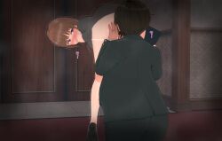 1boy 1girls 2022 3d all_fours blush breasts brown_hair cheating cheating_wife cuckold cunnilingus dark-skinned_male dark_skin faceless faceless_male female half-closed_eyes hand_on_mouth hi_res high_resolution highres implied_cunnilingus interracial japanese_text kneeling koikatsu looking_at_another looking_back male netorare ntr office_lady open_mouth oral original panties panty_pull pink_eyes sex skirt steam steaming_body text trembling underwear uniform vyrus_smith white_panties white_underwear