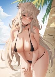 1girls 2023 animal_ears beach bikini black_bikini black_bikini_bottom black_bikini_top black_choker blonde_hair blush breasts choker cleavage closed_mouth collarbone female grey_eyes highres hololive hololive_gen_5 hololive_japan large_breasts leaning_forward light-skinned_female light_skin long_hair looking_at_viewer navel outdoors shishiro_botan sideboob skindentation smile solo stomach swimsuit thighs tree virtual_youtuber water wei_xiao