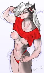 anthro breasts canid canid_demon canine clothed clothing demon digital_media_(artwork) female fur hair hellhound helluva_boss hi_res loona_(helluva_boss) mammal nipples piercing red_sclera sackrany solo tagme white_body white_fur