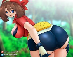 artist_name ass ass_focus ass_grab ass_support bandana bike_shorts blue_eyes blush breasts brown_hair cameltoe come_hither creatures_(company) female from_behind game_freak gloves highres huge_ass jrpuls3 large_breasts leaning leaning_forward may_(pokemon) may_(pokemon_rs) medium_hair nintendo open_mouth pokemon pokemon_(game) pokemon_rse shiny_clothes shiny_skin short_shorts shorts sideboob smile solo