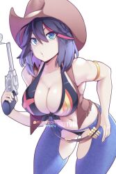 1girls :o alternate_costume bell_haircut belly_button black_hair blue_eyes breasts cleavage female female_only gun hat hotvr kill_la_kill light-skinned_female light_skin matoi_ryuuko nipple_bulge red_hair revolver senketsu short_hair solo tomboy two_tone_hair weapon