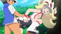 1boy 1girls against_surface against_tree ash_ketchum black_hair blonde_hair bottomless bottomless_male breasts breasts_out clothed clothed_sex franberyll helmet korrina_(pokemon) looking_back outside pokemon pokemon_(anime) pokemon_journeys pokemon_xy satoshi_(pokemon) sex tagme vaginal vaginal_penetration