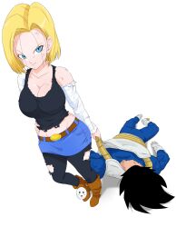 1boy 1girls after_battle after_fight android_18 armor belt black_hair blonde_hair blue_eyes breasts busty carrying carrying_partner cleavage defeated destroyed_clothing dragging dragon_ball dragon_ball_z earrings female femdom gloves hand_on_own_hip imminent_sex jewelry large_breasts looking_at_viewer male malesub midriff naughty_face no_bra raised_eyebrow skirt smug suggestive torn_clothes vegeta voluptuous wardrobe_malfunction