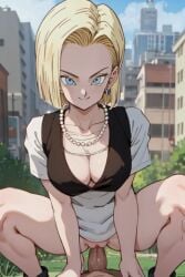 ai_generated aigeneratedp android_18 cowgirl_position dragon_ball dragon_ball_z looking_at_viewer pov_eye_contact riding riding_penis squatting squatting_cowgirl_position squatting_on_penis