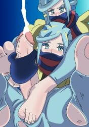 artist_request blue_background blue_eyes blue_hair blue_theme clothed clothing cum cumshot feet femboy foot_fetish foot_hands footjob footwear game_freak gradient_background grusha_(pokemon) gym_leader hand_feet handjob nintendo pokemon pokemon_sv scarf scarf_over_mouth selfcest socks sole_male soles toeless_footwear toeless_legwear toeless_socks toes