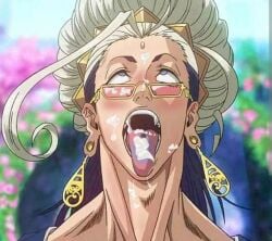 big_hair buddha buddha_(shuumatsu_no_valkyrie) cum_in_mouth earrings edit edited_screencap face_closeup facial glasses public_domain record_of_ragnarok shuumatsu_no_valkyrie