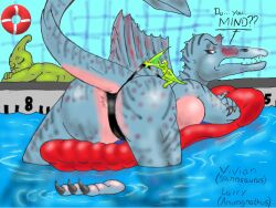 annoyed annoyed_expression anthro big_butt dinosaur_girl guodzilla parasaurolophus peeping_tom pterodactyl saurian scalie scalie_humanoid spinosaurus swimming_pool thong